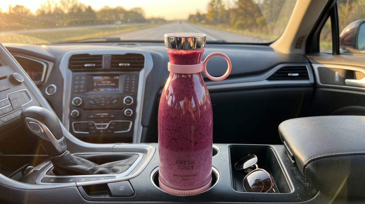 Swirlette in a car cup holder at golden hour.