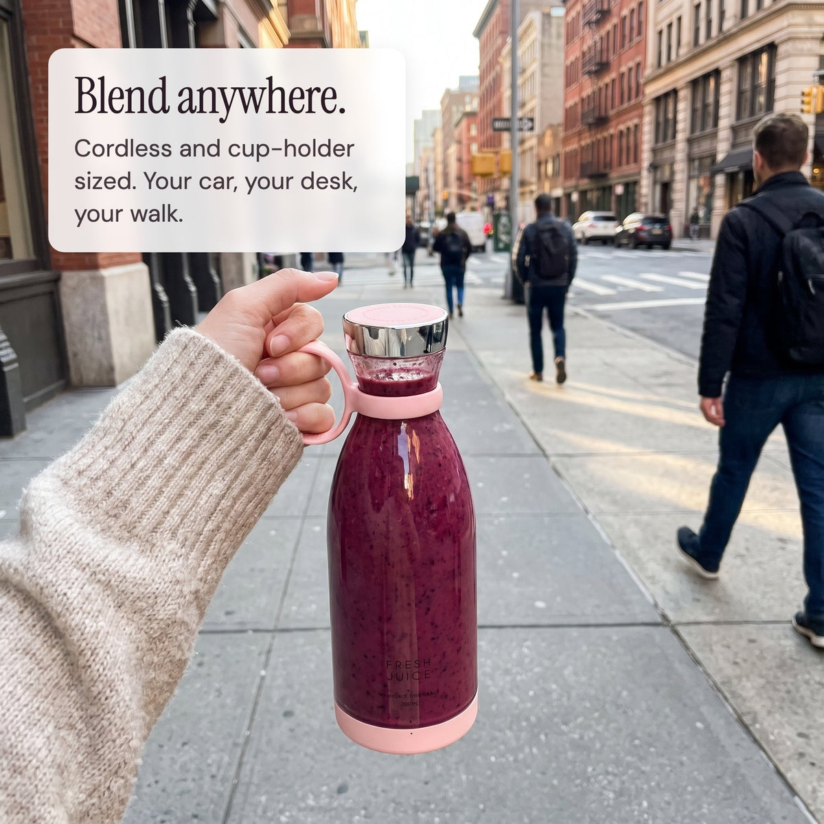 Carrying a Blush Swirlette smoothie down a city sidewalk.