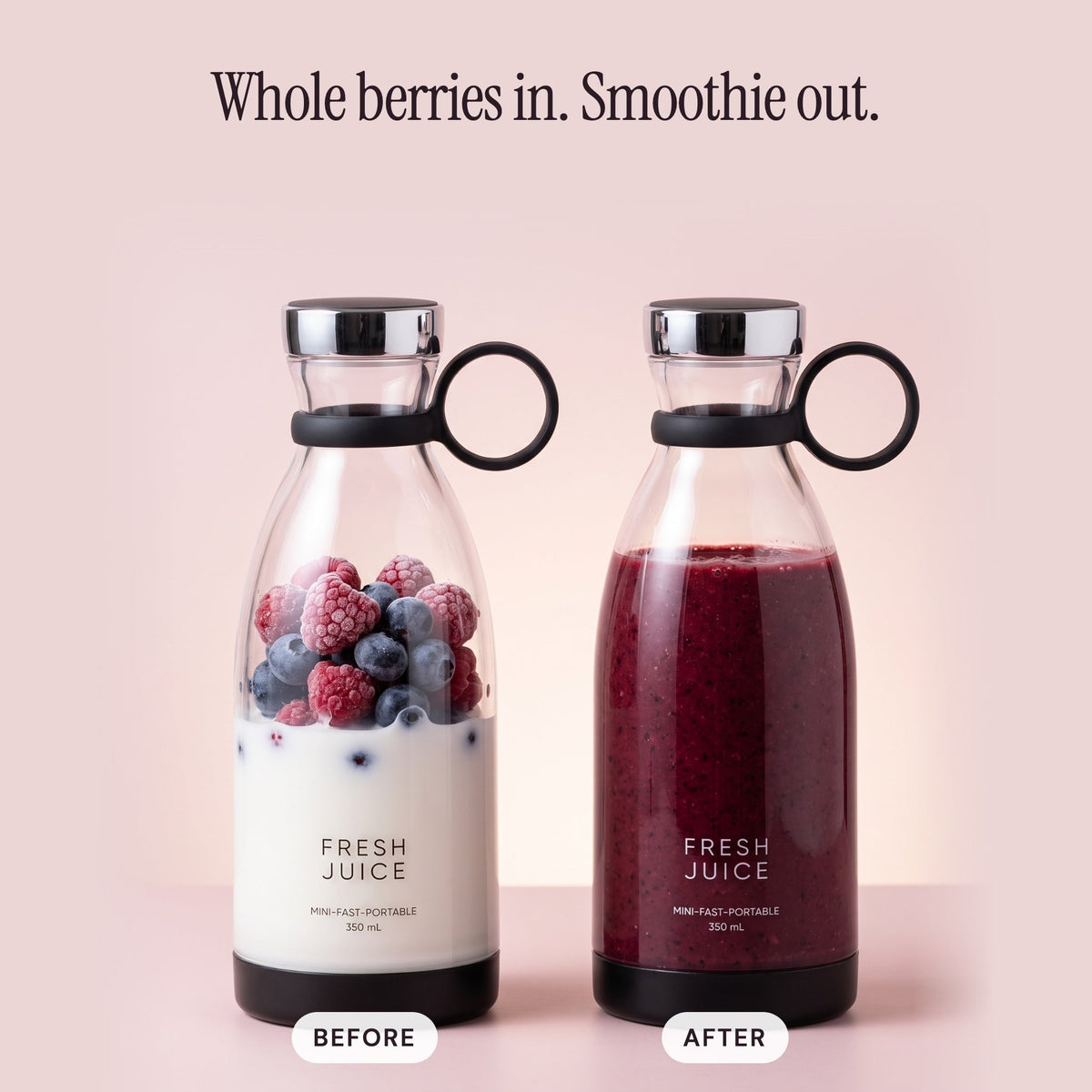 Before and after in the Black Swirlette: whole berries and milk, then a finished smoothie.