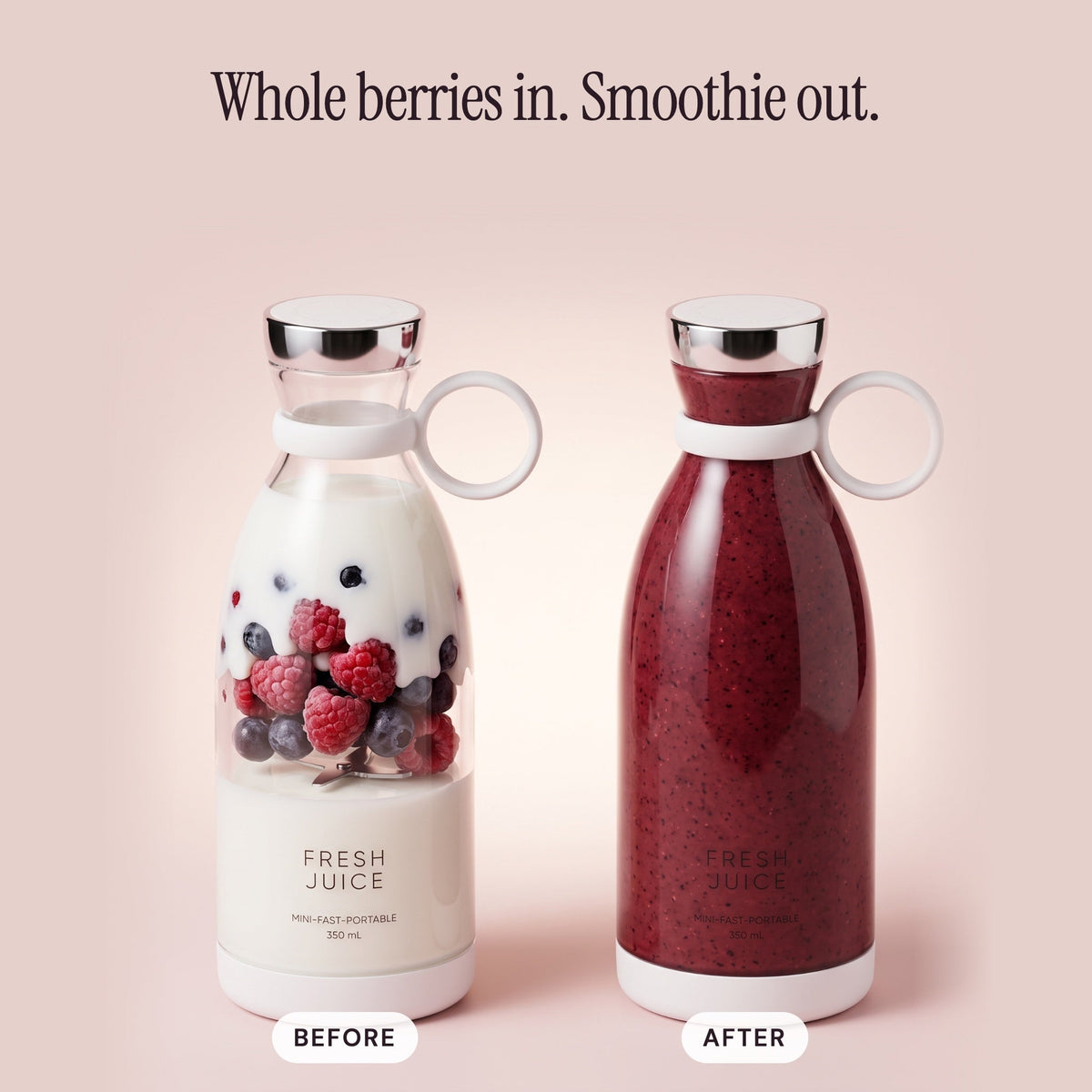 Before and after in the White Swirlette: whole berries and milk, then a finished smoothie.
