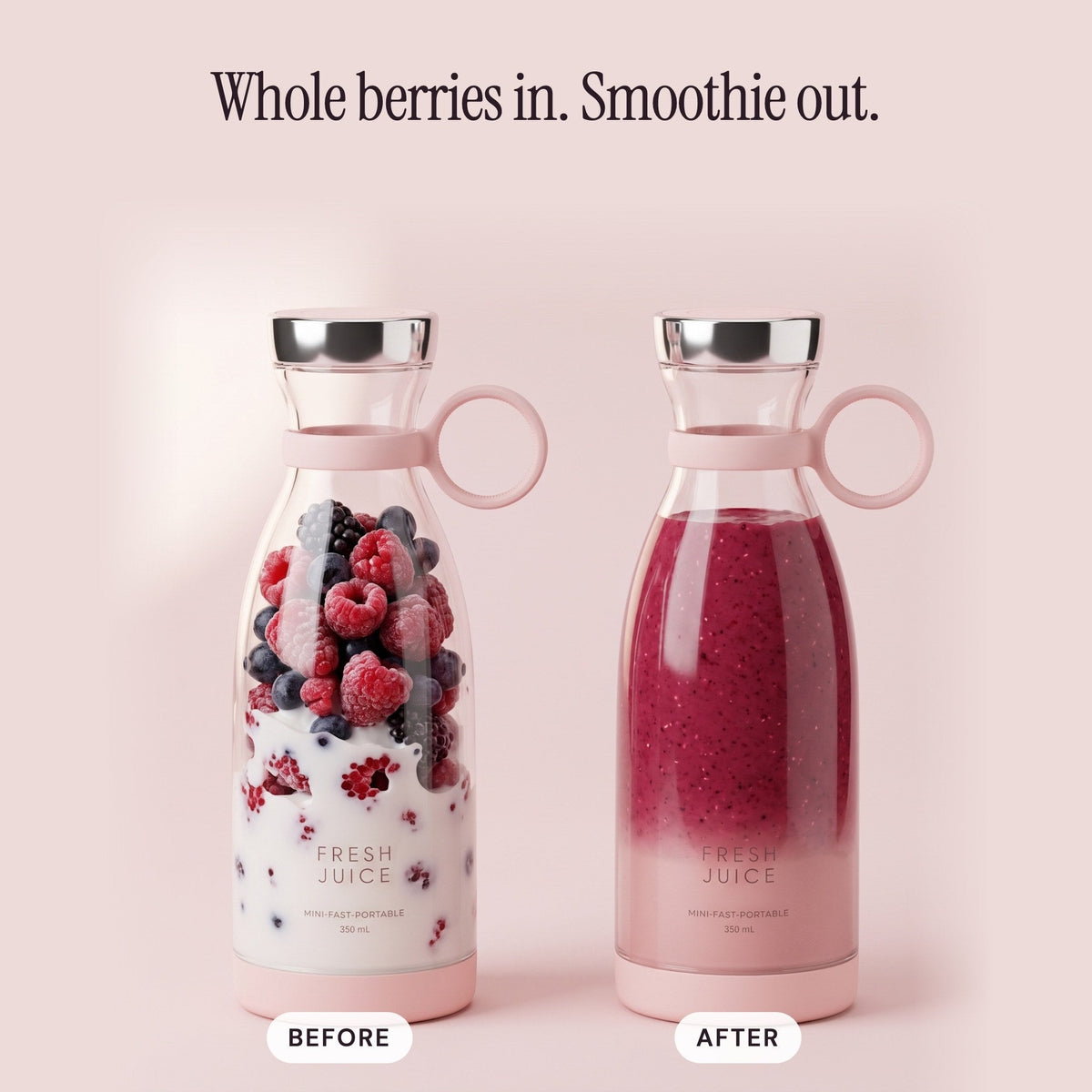 Before and after in the Blush Swirlette: whole berries and milk, then a finished smoothie.