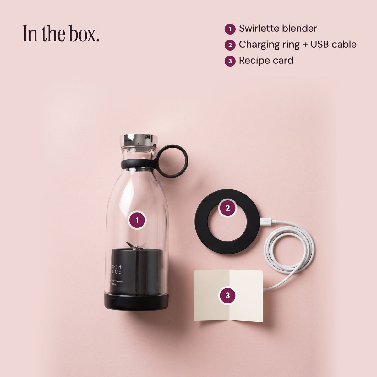 In the box: Black Swirlette blender, magnetic charging ring with USB cable, and recipe card.