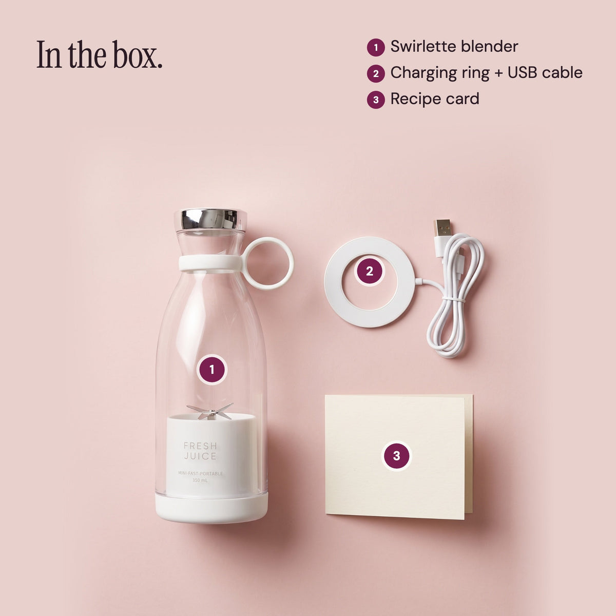 In the box: White Swirlette blender, magnetic charging ring with USB cable, and recipe card.