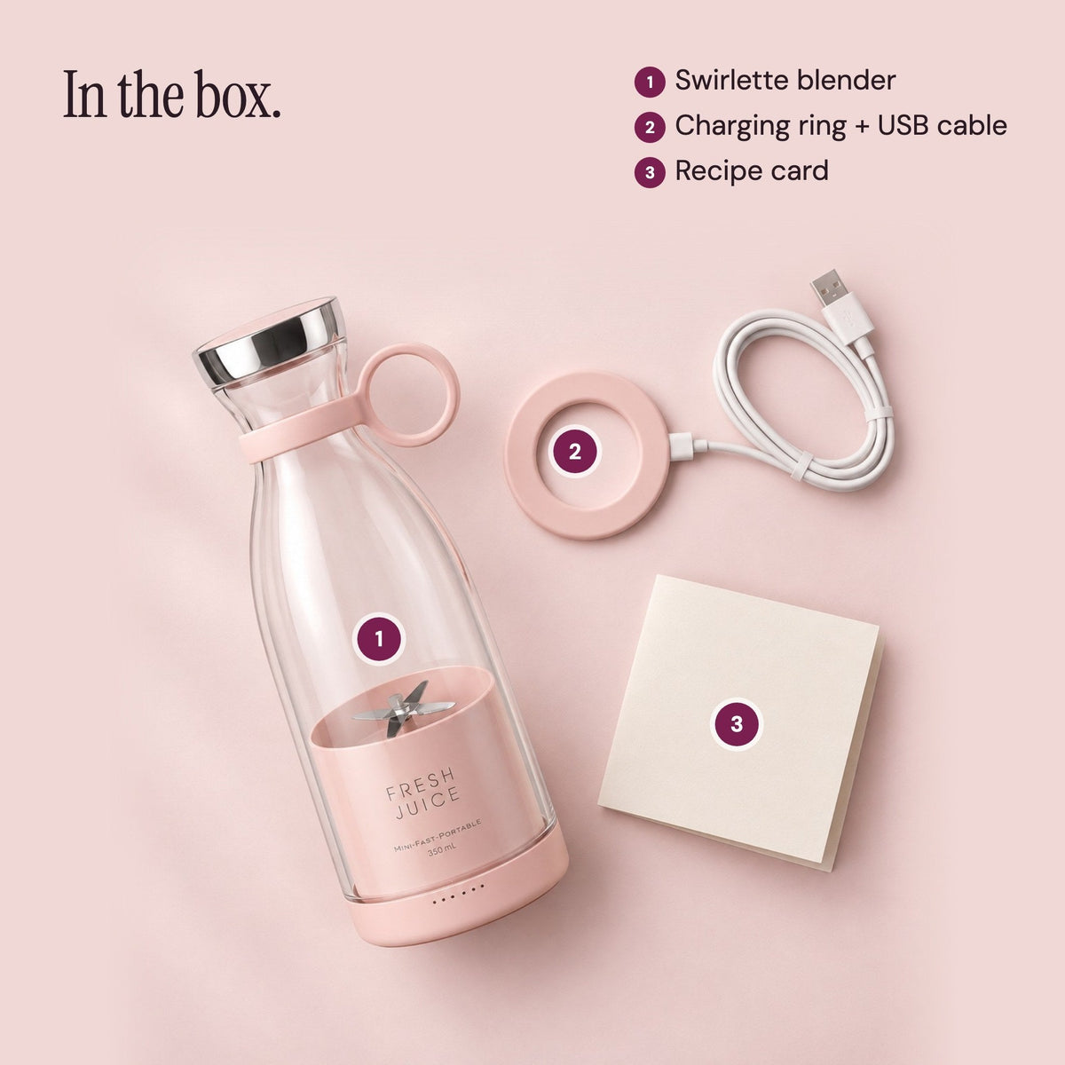 In the box: Blush Swirlette blender, magnetic charging ring with USB cable, and recipe card.