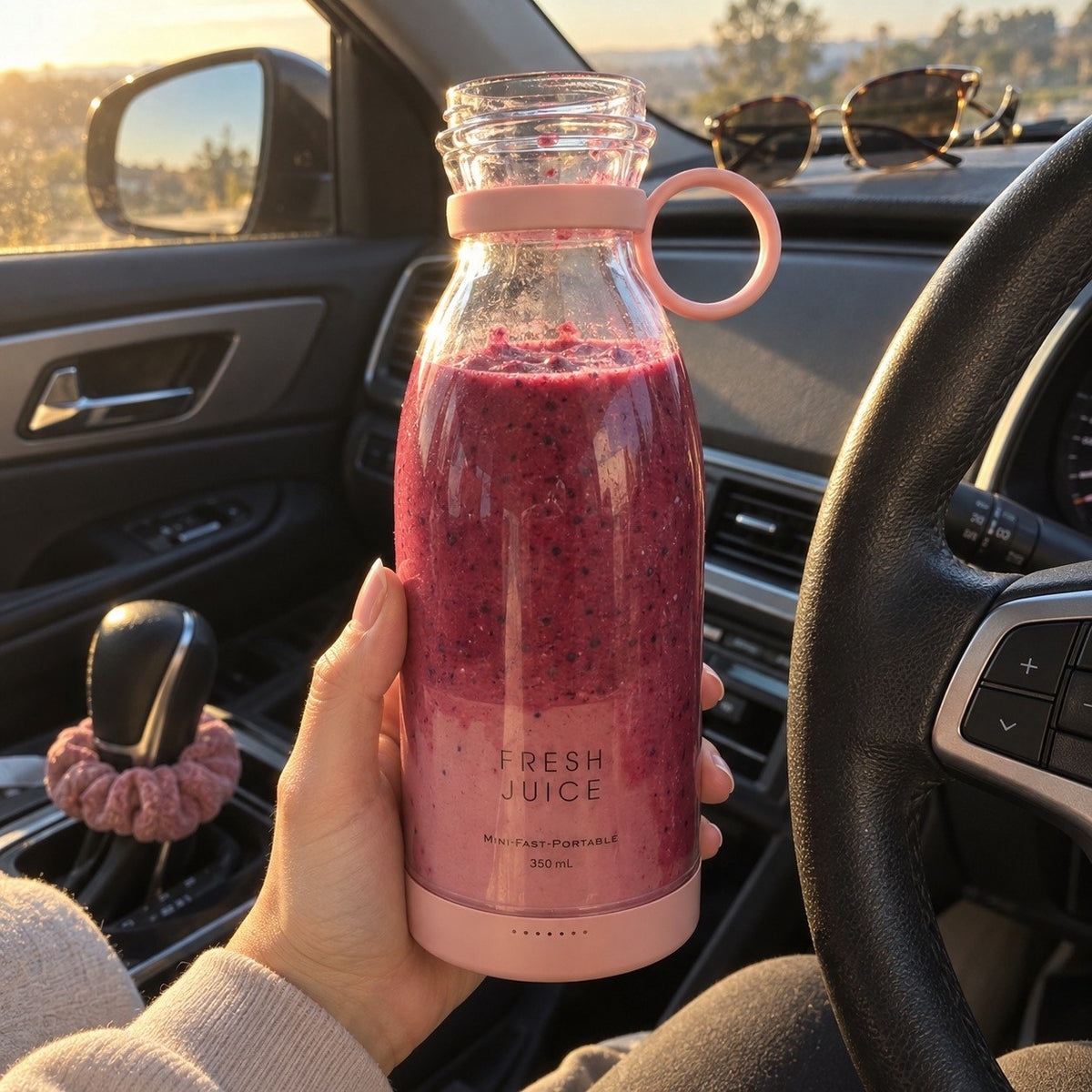 Holding a Blush Swirlette full of berry smoothie in the car.