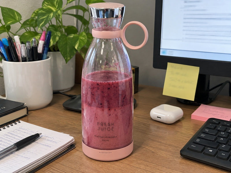 Sarah's Swirlette with a berry smoothie on her desk at work.