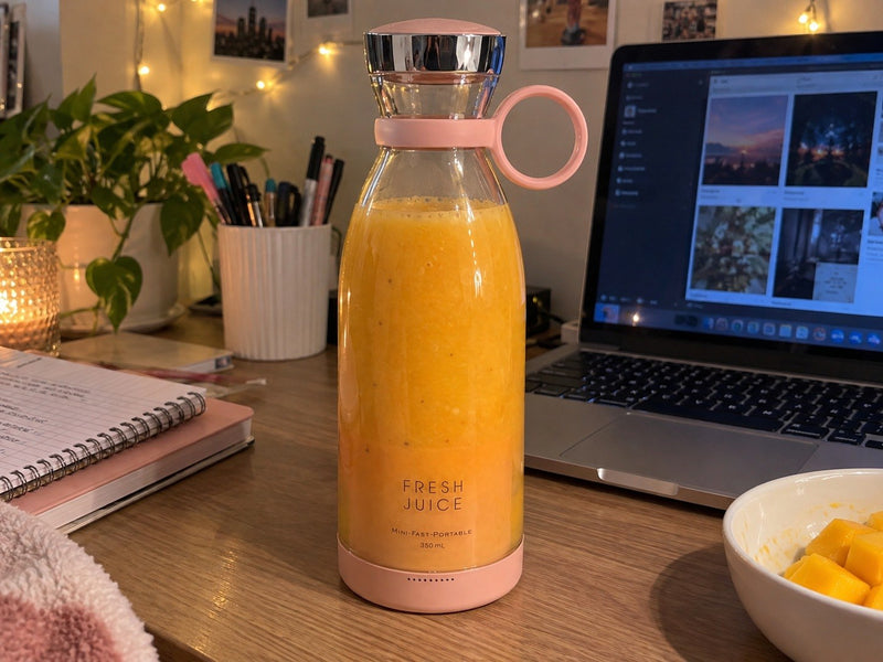Alexis's Swirlette with a mango smoothie on her desk at night.